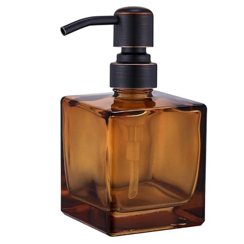 Ximlike Square Bathroom Soap Dispenser Amber Bottle with Oil Rubbed Bronze Pump, Retangle Cube 8.4 oz Glass Bottles with Stainless Steel Pump Hand Liquid Soap Dispenser Kitchen - Image 1