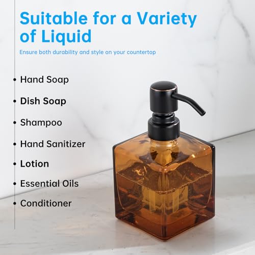 Ximlike Square Bathroom Soap Dispenser Amber Bottle with Oil Rubbed Bronze Pump, Retangle Cube 8.4 oz Glass Bottles with Stainless Steel Pump Hand Liquid Soap Dispenser Kitchen - Image 5