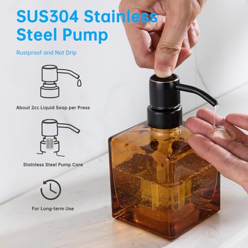 Ximlike Square Bathroom Soap Dispenser Amber Bottle with Oil Rubbed Bronze Pump, Retangle Cube 8.4 oz Glass Bottles with Stainless Steel Pump Hand Liquid Soap Dispenser Kitchen - Image 3