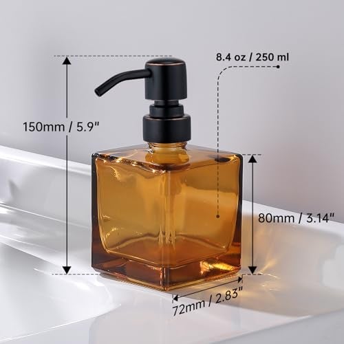 Ximlike Square Bathroom Soap Dispenser Amber Bottle with Oil Rubbed Bronze Pump, Retangle Cube 8.4 oz Glass Bottles with Stainless Steel Pump Hand Liquid Soap Dispenser Kitchen - Image 4