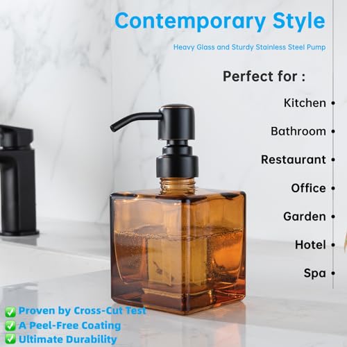Ximlike Square Bathroom Soap Dispenser Amber Bottle with Oil Rubbed Bronze Pump, Retangle Cube 8.4 oz Glass Bottles with Stainless Steel Pump Hand Liquid Soap Dispenser Kitchen - Image 2