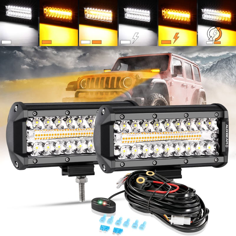 شريط إضاءة LED بحجم 7 بوصات 300 واط من أوكسبيم مع 6 أوضاع وميض وأضواء ضباب صفراء مزدوجة اللون