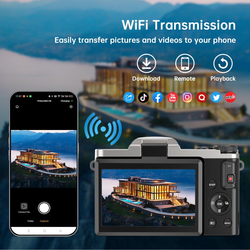 AUREAPIX كاميرا رقمية 4K للتصوير مع واي فاي، أحدث كاميرا فلوغينغ بتركيز تلقائي لعام 2025 لفيديوهات يوتيوب شاشة قابلة للطي 3'' 180 درجة كاميرات سفر 16X زوم مضادة للاهتزاز كاميرات 4K مع بطاقة SD، 2 بطاريات - Image 3