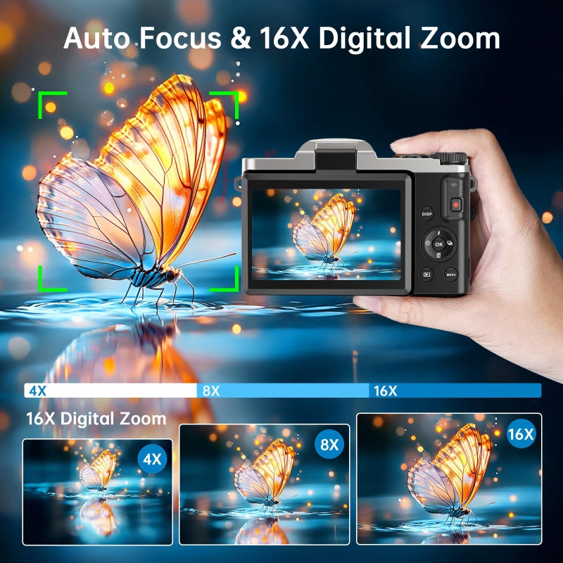 AUREAPIX كاميرا رقمية 4K للتصوير مع واي فاي، أحدث كاميرا فلوغينغ بتركيز تلقائي لعام 2025 لفيديوهات يوتيوب شاشة قابلة للطي 3'' 180 درجة كاميرات سفر 16X زوم مضادة للاهتزاز كاميرات 4K مع بطاقة SD، 2 بطاريات - Image 4
