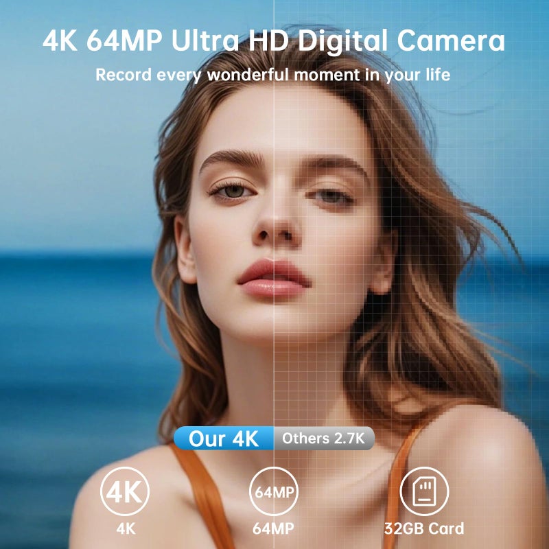 AUREAPIX كاميرا رقمية 4K للتصوير مع واي فاي، أحدث كاميرا فلوغينغ بتركيز تلقائي لعام 2025 لفيديوهات يوتيوب شاشة قابلة للطي 3'' 180 درجة كاميرات سفر 16X زوم مضادة للاهتزاز كاميرات 4K مع بطاقة SD، 2 بطاريات - Image 2