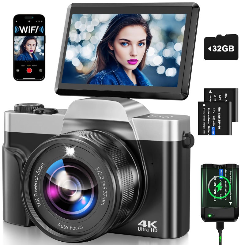 AUREAPIX كاميرا رقمية 4K للتصوير مع واي فاي، أحدث كاميرا فلوغينغ بتركيز تلقائي لعام 2025 لفيديوهات يوتيوب شاشة قابلة للطي 3'' 180 درجة كاميرات سفر 16X زوم مضادة للاهتزاز كاميرات 4K مع بطاقة SD، 2 بطاريات - Image 1