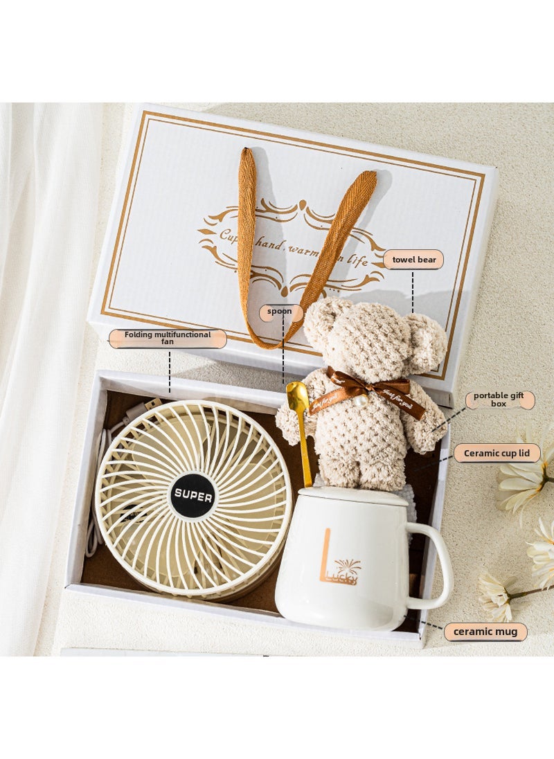 USB Chargeable Folding Fan Mini Portable Pearl White Fan Cup Towel Bear Accompanying Gift suit