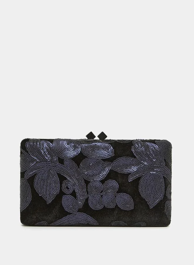 Styli Sequin Floral Clutch Bag with Chain Strap