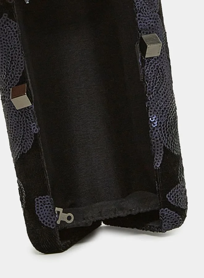 Styli Sequin Floral Clutch Bag with Chain Strap