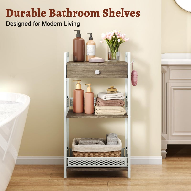 FAVOOSTY 3-Tier Bathroom Ladder Shelf Floor Storage Shelf with Drawer Freestanding Shelving Unit Bookcase End Table for Bathroom Living Room,Balcony-White - Image 2