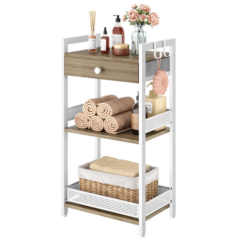 FAVOOSTY 3-Tier Bathroom Ladder Shelf Floor Storage Shelf with Drawer Freestanding Shelving Unit Bookcase End Table for Bathroom Living Room,Balcony-White - Image 1