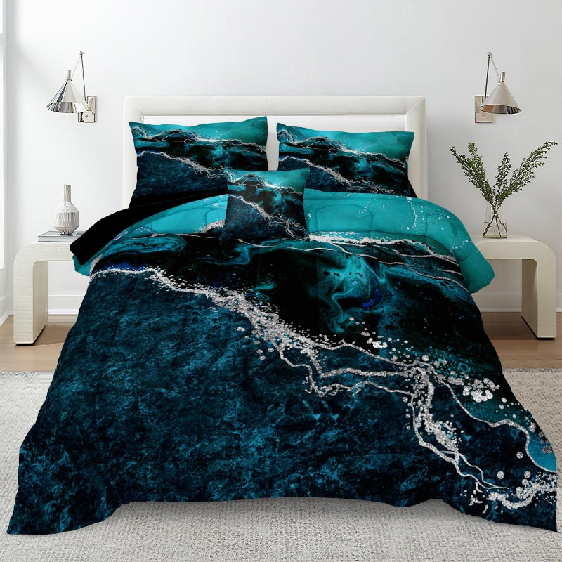 Bedorm Black Marble Comforter Queen Turquoise Blue Bedding Set 3 Pcs Marble Stone Natural Theme Artwork Abstract Comforter Sets Super Soft Cozy Black Bed in A Bag with Comforter and Sheet Set - Image 1