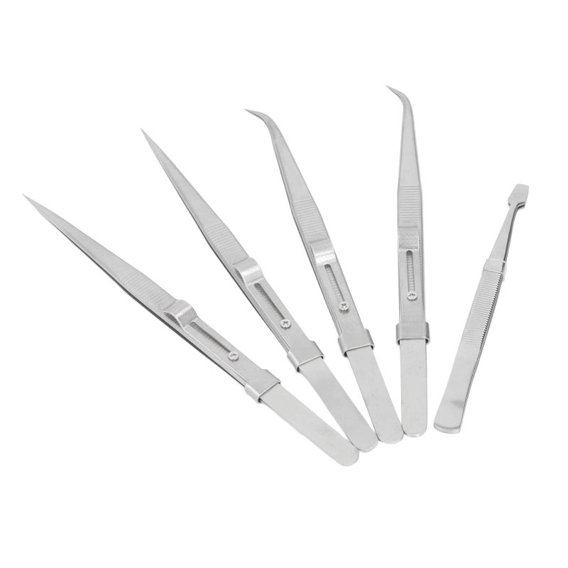 Stainless Steel Tweezers Set 5-Piece Anti Static High Accuracy Comfortable Grip Curved Straight Flat Tweezers for Electronics Repair Jewelry Making Crafts - Image 1
