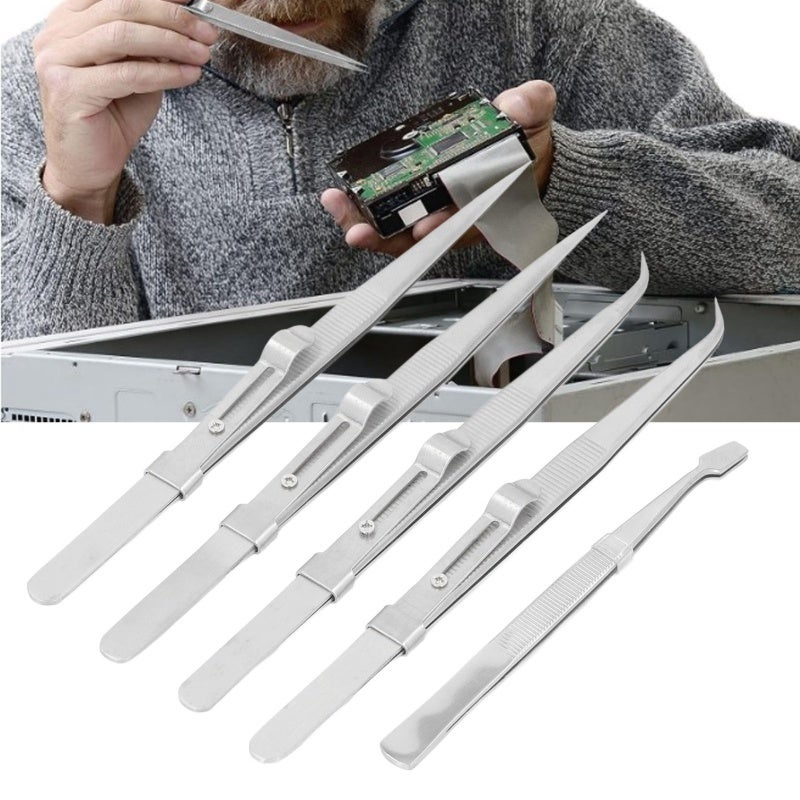 Stainless Steel Tweezers Set 5-Piece Anti Static High Accuracy Comfortable Grip Curved Straight Flat Tweezers for Electronics Repair Jewelry Making Crafts - Image 3