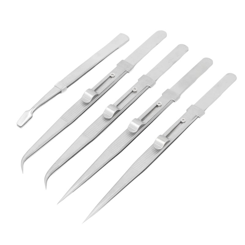 Stainless Steel Tweezers Set 5-Piece Anti Static High Accuracy Comfortable Grip Curved Straight Flat Tweezers for Electronics Repair Jewelry Making Crafts - Image 4