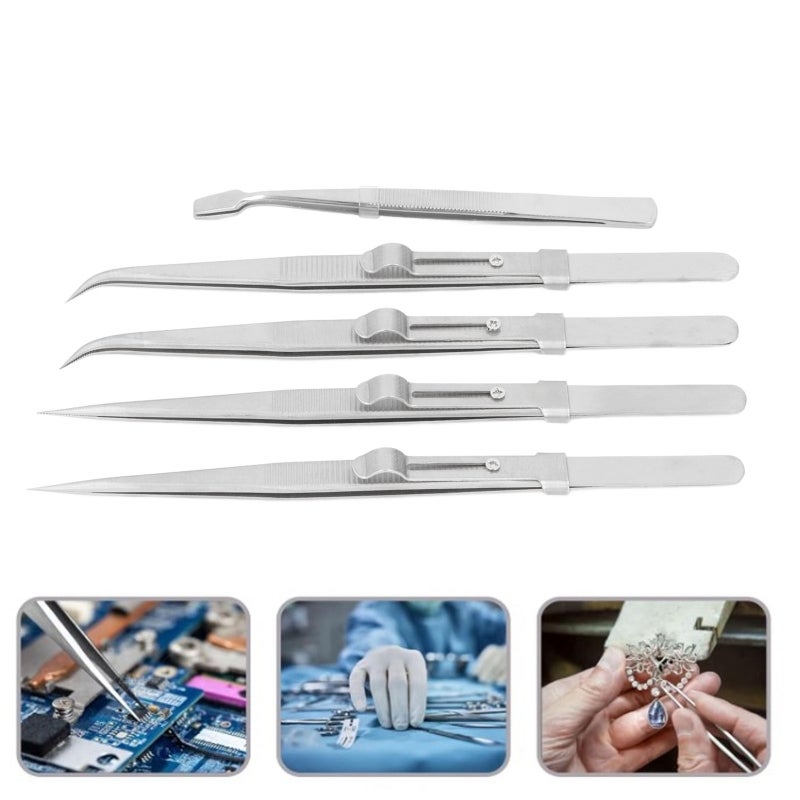Stainless Steel Tweezers Set 5-Piece Anti Static High Accuracy Comfortable Grip Curved Straight Flat Tweezers for Electronics Repair Jewelry Making Crafts - Image 2