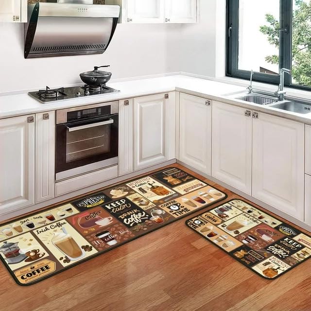 LOOKMINT Coffee Kitchen Rugs and Mats Set of 2 Coffee Cup Latte Mocha Art Decoration Non Slip Super Absorbent Kitchen Sink Mats Waterproof and Washable Runner Rugs for Laundry Room