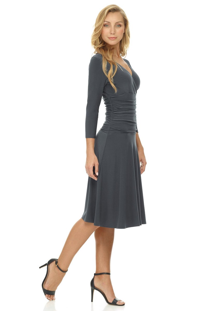 Rekucci Women's Slimming 3/4 Sleeve Fit-and-Flare Crossover Tummy Control Dress (10, Charcoal) - Image 2