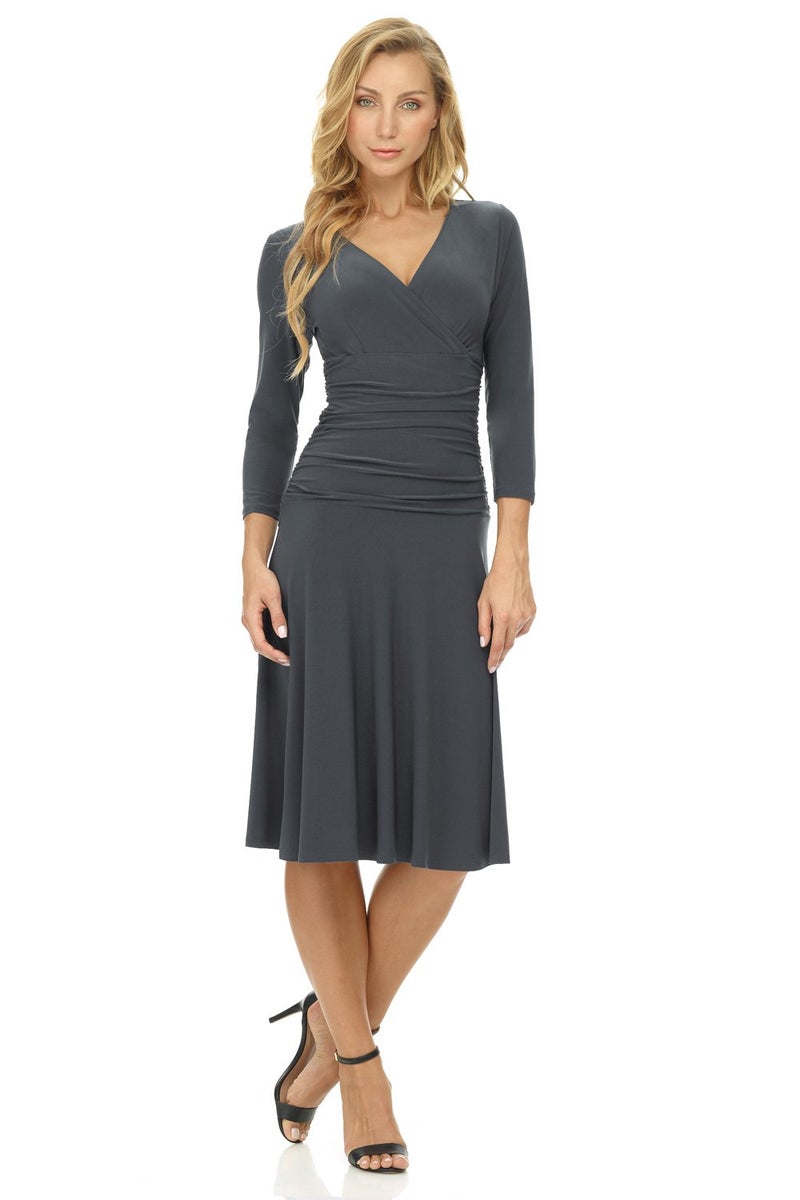 Rekucci Women's Slimming 3/4 Sleeve Fit-and-Flare Crossover Tummy Control Dress (10, Charcoal) - Image 4