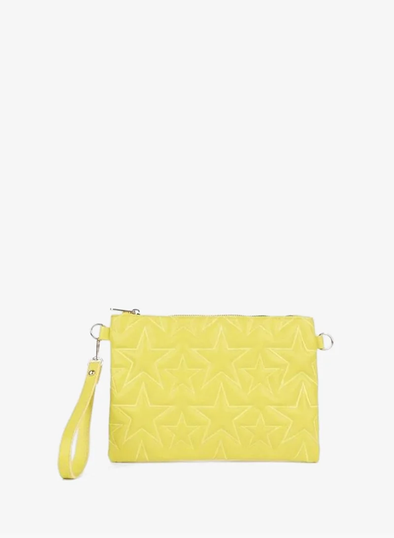 Women's Neon Yellow Star Embroidered Synthetic Leather Wrist and Chain Strap Portfolio Hand and Clutch Bag.