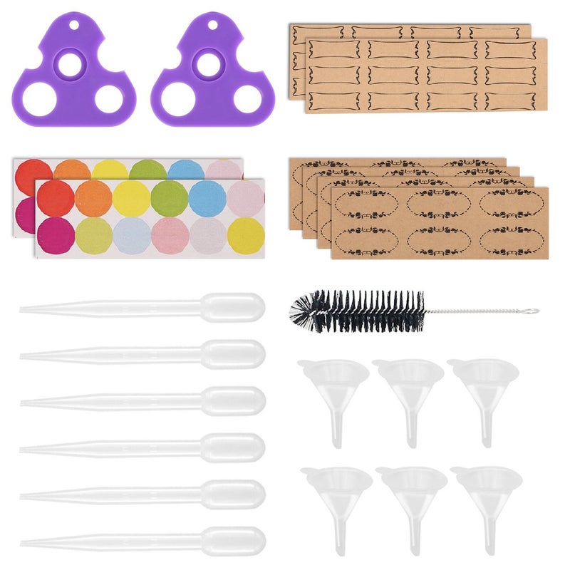 Easytle Essential Oil Tools Essential Oil Opener Essential Oil Key Tool for Essential Oil Accessories Includes 2 Openers, 6 Droppers, 6 Funnels, 72 Labels And Brush Tools Set for Glass Roll On Bottles 