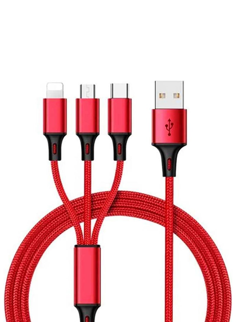 Multi USB Charger Cable, 3 in 1 Nylon Braided Multiple USB Fast Charging Cable Port Connectors Compatible with Cell Phones Tablets Universal Use（1.2 Meters - Red