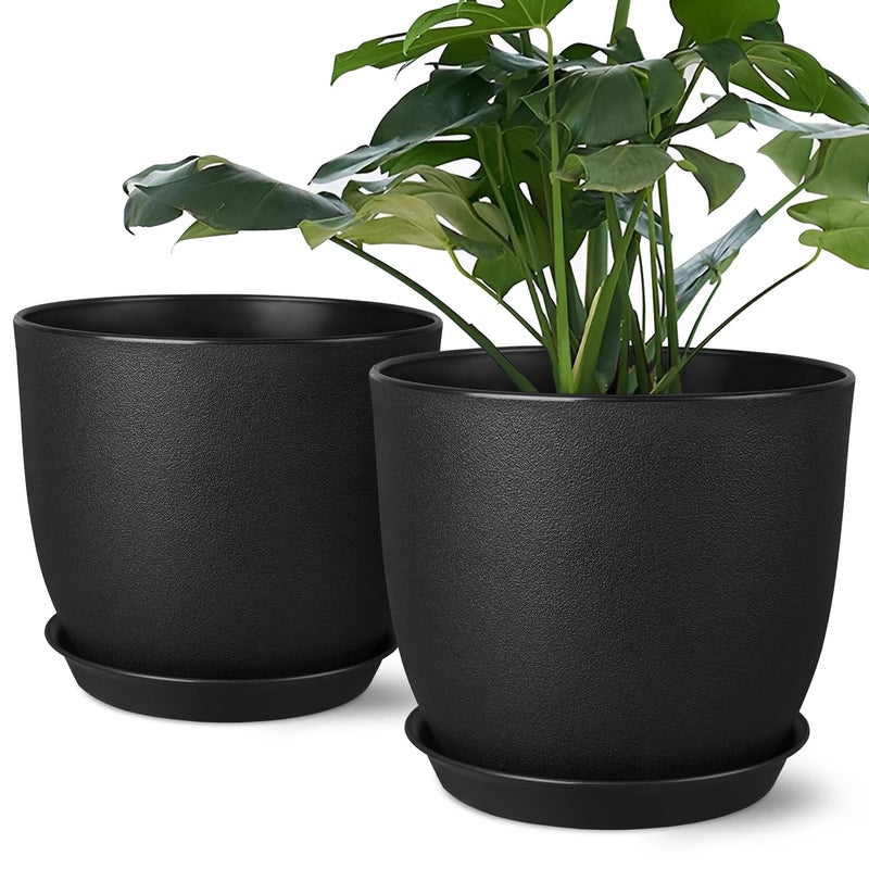 Ferlypote Plant Pots 8 Inch Set of 2, Flower Pots with Multi Mesh Drainage Holes, Planters for Indoor Outdoor Garden Plants and Flowers (Black) - Image 1