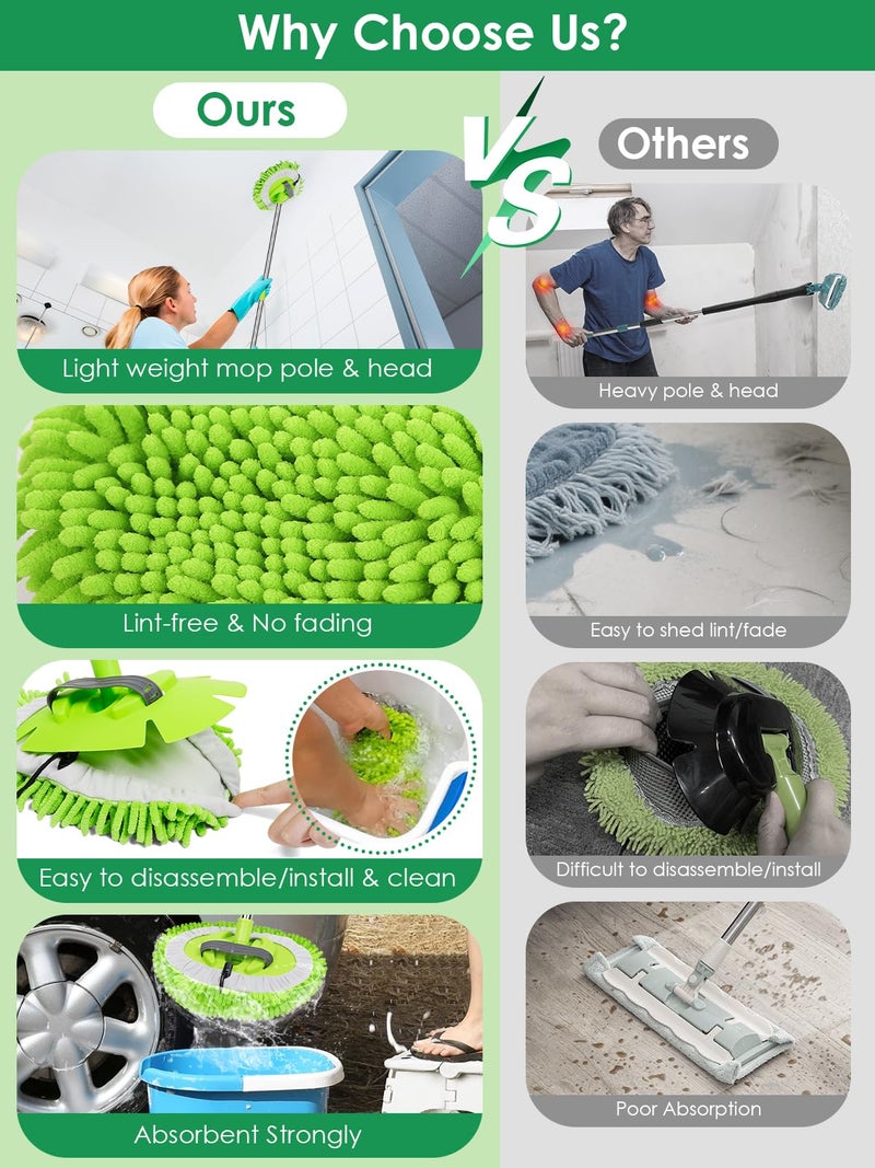 WillingHeart 2 in 1 Lightweight Wall Cleaner Mop with Long Handle 75" 190cm Ceiling Duster Lint-Free Chenille Fiber Mop for Kitchen Baseboard Floor Glass Window Roof Cleaning Washer Scrubber Brush Tool Wet Dry Use - Image 4