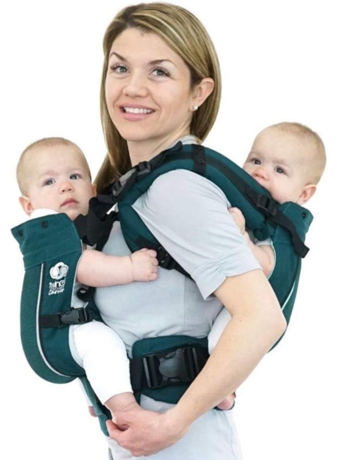 TwinGo حاملة توين جو - نموذج الهواء - لون تيل العصري - رائعة لجميع الفصول - شبكة قابلة للتنفس - قابلة للتعديل بالكامل لحمل توأمين أو طفلين منفصلين للرجال والنساء والتوائم والأطفال من 10-45 رطل - Image 1