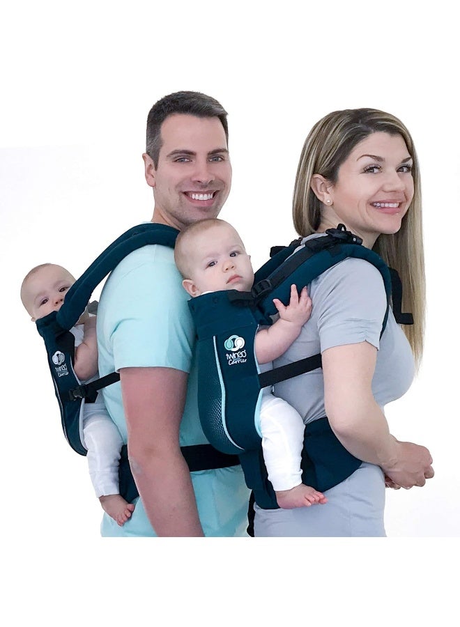 TwinGo حاملة توين جو - نموذج الهواء - لون تيل العصري - رائعة لجميع الفصول - شبكة قابلة للتنفس - قابلة للتعديل بالكامل لحمل توأمين أو طفلين منفصلين للرجال والنساء والتوائم والأطفال من 10-45 رطل - Image 3