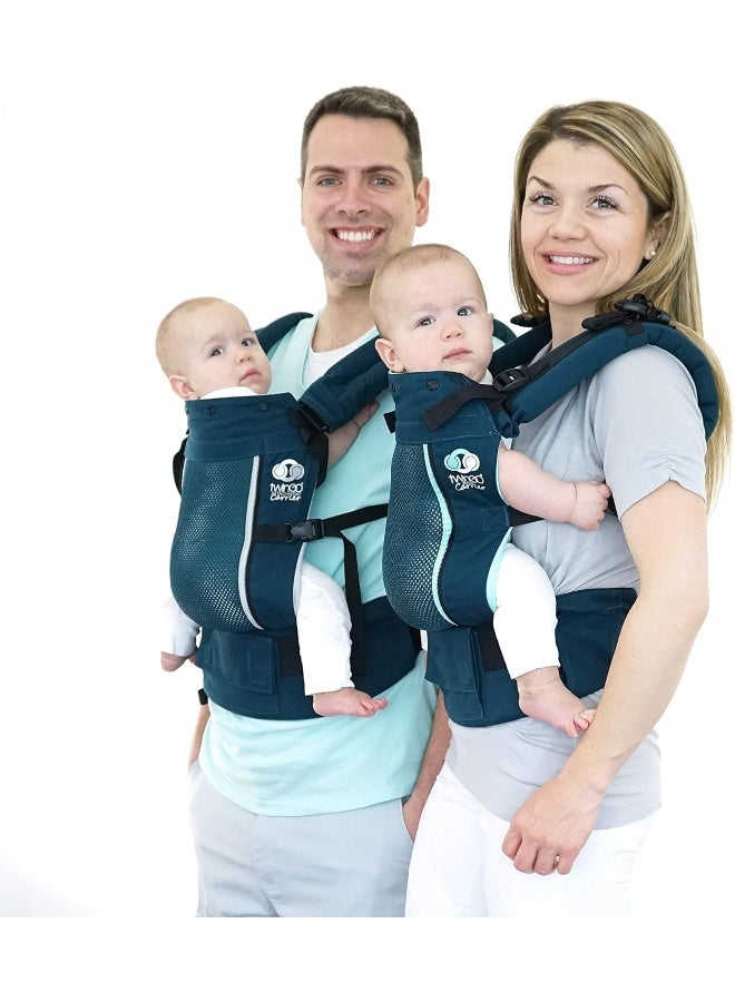 TwinGo حاملة توين جو - نموذج الهواء - لون تيل العصري - رائعة لجميع الفصول - شبكة قابلة للتنفس - قابلة للتعديل بالكامل لحمل توأمين أو طفلين منفصلين للرجال والنساء والتوائم والأطفال من 10-45 رطل - Image 2