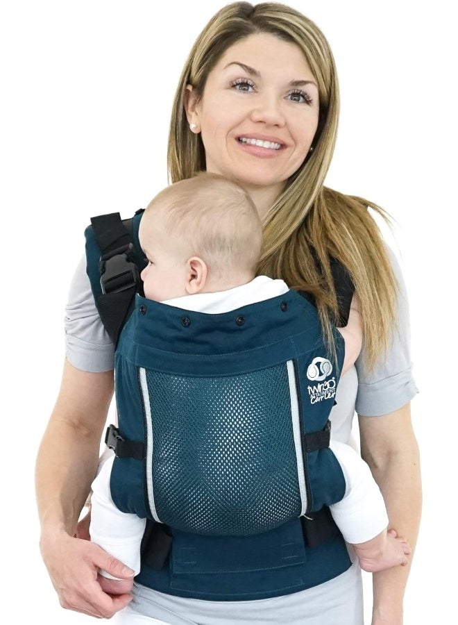 TwinGo حاملة توين جو - نموذج الهواء - لون تيل العصري - رائعة لجميع الفصول - شبكة قابلة للتنفس - قابلة للتعديل بالكامل لحمل توأمين أو طفلين منفصلين للرجال والنساء والتوائم والأطفال من 10-45 رطل - Image 4