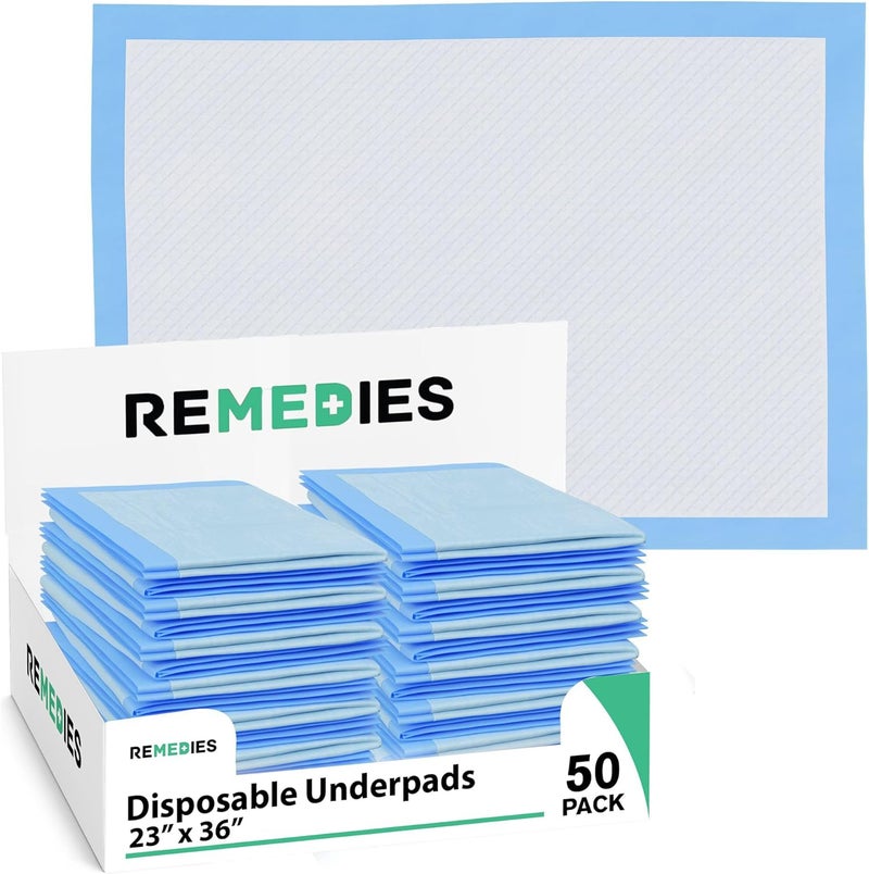 REMEDIES Remedies - Bed Pads Disposable Adults, Seniors, Kids & Puppy Pads - 23" x 36" - Large Disposable Underpads - 50 Count, Incontinence Underpads for Beds & Furniture, Dog Pee Pads, Dogs Chucks Pads