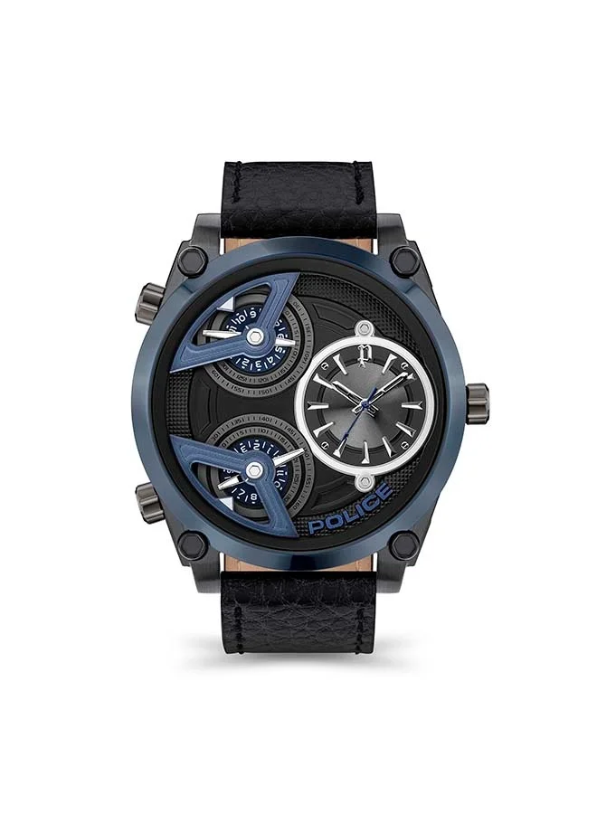 POLICE Police Wing Black Blue Dial Black Leather Strap Chronograph Watch for Men