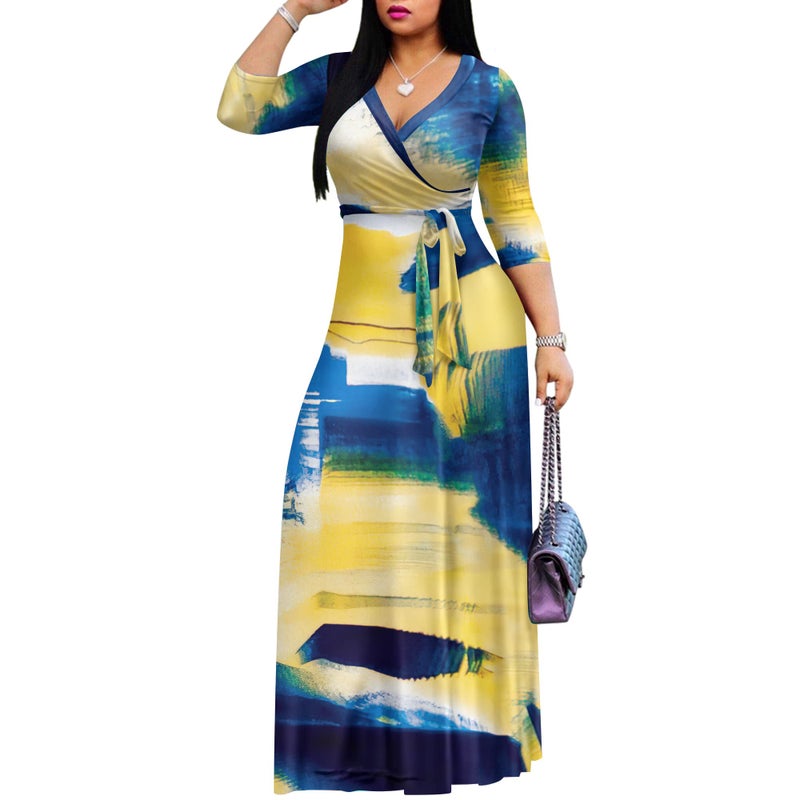 FANDEE Plus Size Maxi Dress for Women Casual Summer Sundress V-Neck 3/4 Sleeve(Yellow Blue,XX-Large) - Image 2