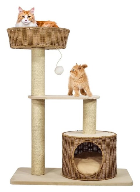 Cat tree Rattan design furniture with basket perch, Scratching post and cozy cat bed, Multi-layer cat activity tower for indoor cat, Durable and safety 96 cm H (Beige color)