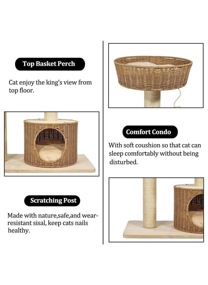 Cat tree Rattan design furniture with basket perch, Scratching post and cozy cat bed, Multi-layer cat activity tower for indoor cat, Durable and safety 96 cm H (Beige color)