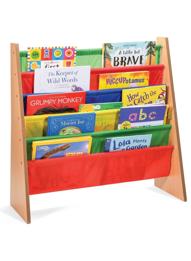 Sagler Sagler Toddler Book Shelf Organizer - Wooden Kids Book Case Storage & Magazine Rack with 5 Multicolored Nylon Fabric Shelves - Easy-to-Reach Kids Bookshelf for Nursery, Bedroom, Playroom, Classroom  - Image 1