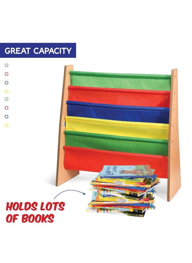 Sagler Sagler Toddler Book Shelf Organizer - Wooden Kids Book Case Storage & Magazine Rack with 5 Multicolored Nylon Fabric Shelves - Easy-to-Reach Kids Bookshelf for Nursery, Bedroom, Playroom, Classroom  - Image 3