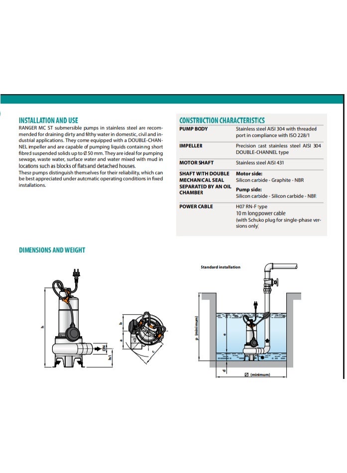 طلمبات سيتي  غاطسة صرف صحي قدرة 1 حصان ستانلس بالكامل  RANGER15/50 ST - Image 4