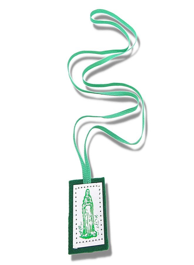 Needzo Wool-Backed Green Scapulars Catholic, Single Paneled Scapular with Image of The Burning Heart and Blessed Virgin Mary, 17.25 - Image 2