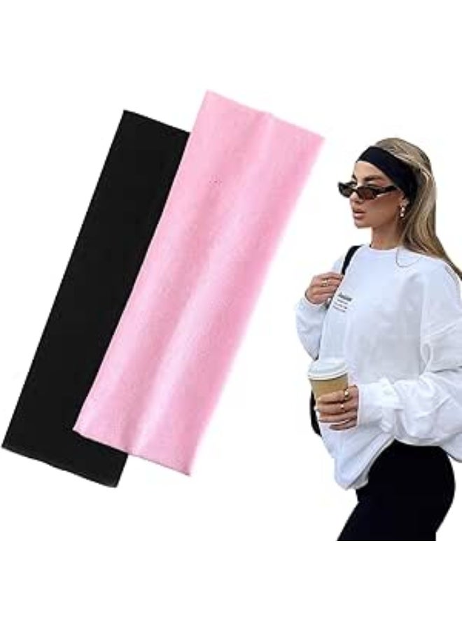 2pcs Cotton Headbands for Women & Men – Soft Stretchy Hair Bands for Sports, Yoga, Running – Pink/Black - Image 1