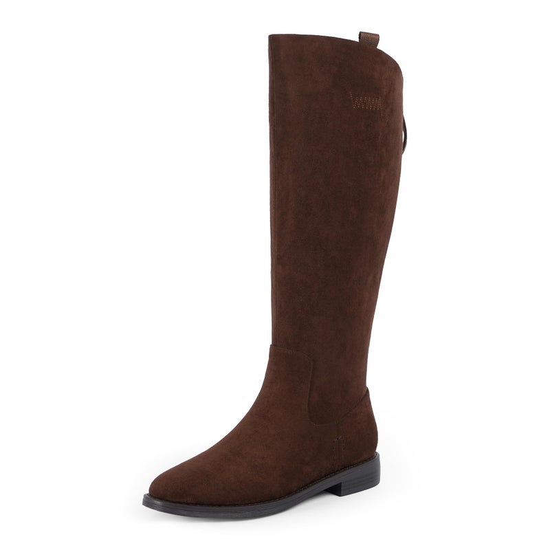 Modatope Suede Brown Boots for Women Rounded Toe Knee High Boots Low Chunky Block Heel Riding Boot Fall Flat Dress Tall Boots with Back Zipper Size 7 - Image 1