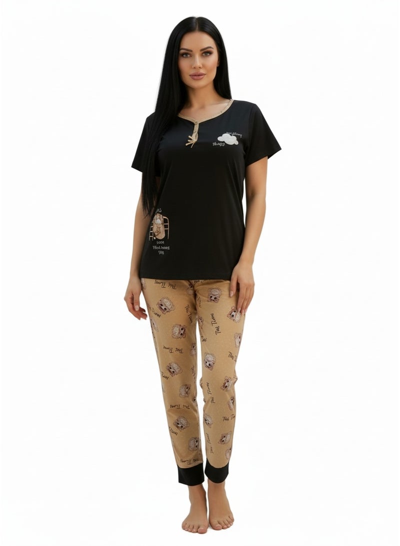 JOANNA Women's Everything Away Print Short Sleeve Shirt & Long Pants Pajama Set, Black - Image 1