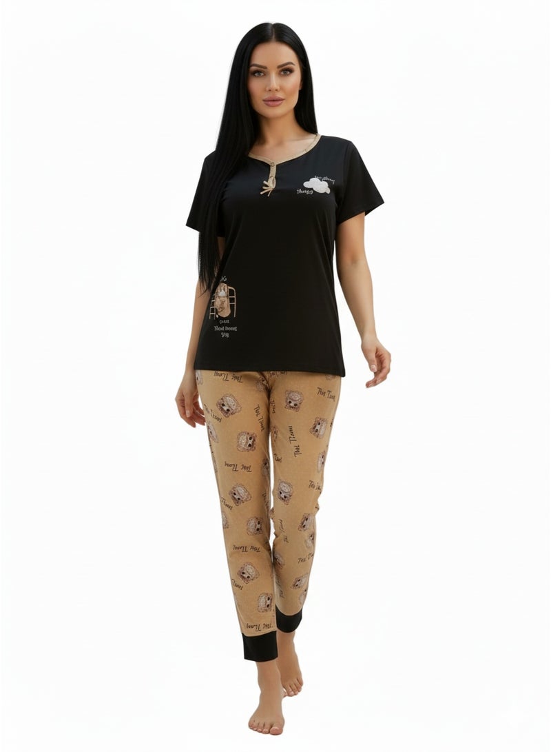 JOANNA Women's Everything Away Print Short Sleeve Shirt & Long Pants Pajama Set, Black - Image 3