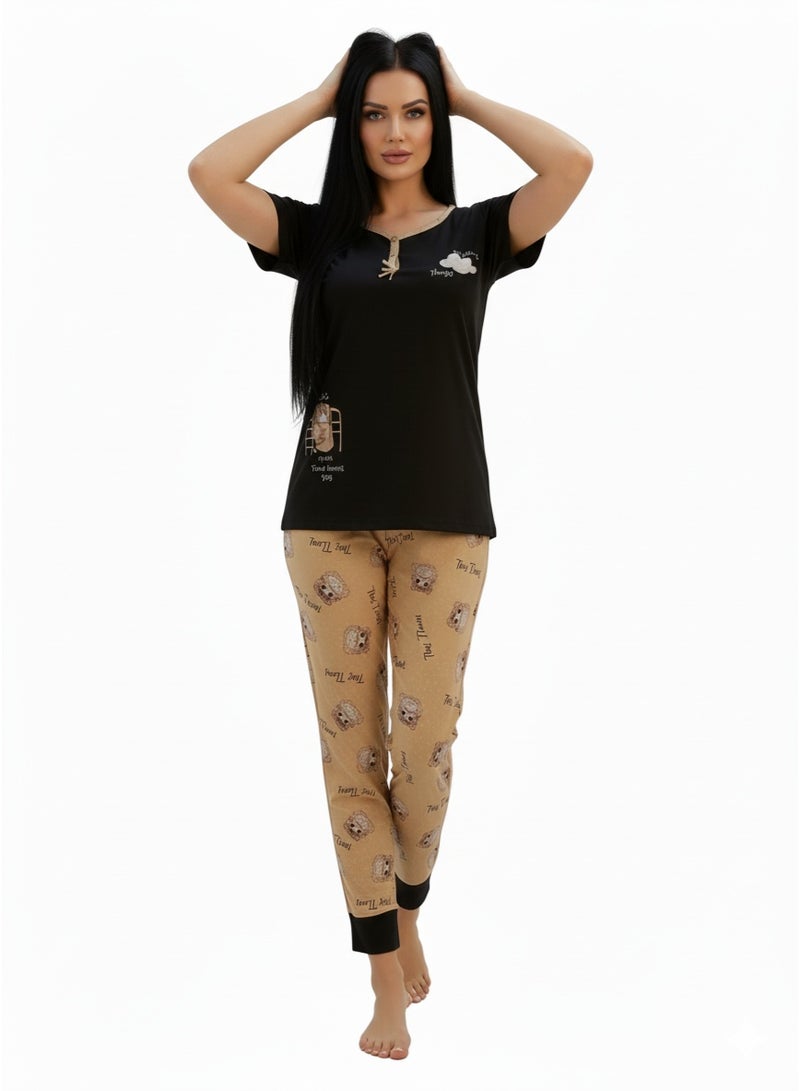 JOANNA Women's Everything Away Print Short Sleeve Shirt & Long Pants Pajama Set, Black - Image 4