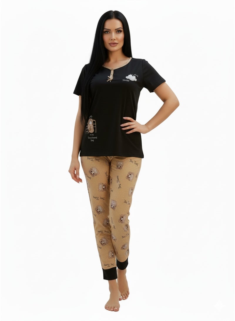 JOANNA Women's Everything Away Print Short Sleeve Shirt & Long Pants Pajama Set, Black - Image 5