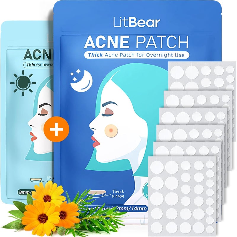 LitBear LitBear Acne Pimple Patches Day and Night 4 Sizes 180 Dots Thin  Thick Hydrocolloid Patches with Witch Hazel Tea Tree  Calendula Oil Extra Adhesion for Face Zit Patch Dots 