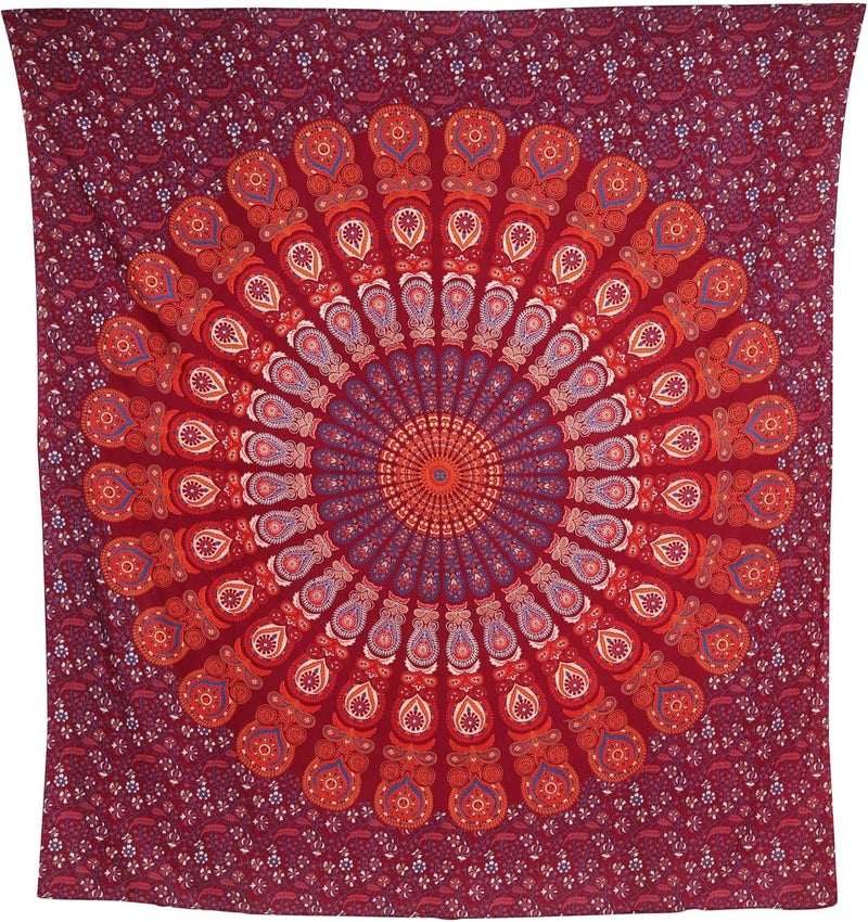 Bless International Indian hippie Bohemian Psychedelic Peacock Mandala Wall hanging Bedding Tapestry (Blue Red, King (88x104Inches)(225x265Cms)) - Image 3