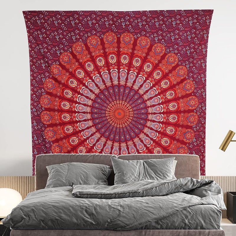 Bless International Indian hippie Bohemian Psychedelic Peacock Mandala Wall hanging Bedding Tapestry (Blue Red, King (88x104Inches)(225x265Cms)) - Image 2